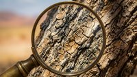 Magnifying glass examining detailed tree bark texture with cracked weathered surface patterns for nature research and botanical study applications.