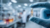 Scientist in blue glove holding transparent capsule with medicine in laboratory setting, pharmaceutical research environment with blurred lab background.