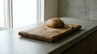 Artisan sourdough bread loaf on rustic wooden cutting board in modern kitchen with natural lighting for food photography and culinary content.