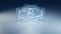 Digital padlock with holographic shield and rotating security layers representing data protection and cybersecurity technology for encryption and network safety concepts.