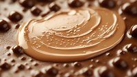 Swirling melted milk chocolate puddle with smooth creamy texture and scattered chocolate chips on brown background, macro food photography for dessert packaging.