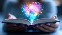Magical glowing light emanates from open book pages held in hands, with sparkling particles in pink, blue and yellow colors creating ethereal reading atmosphere.