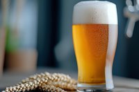 Fresh cold beer glass with foam head and wheat ears on wooden table, condensation droplets on glass surface, selective focus on golden lager.