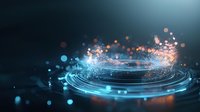 Glowing neon blue circles with orange light particles creating dynamic ripple effect on dark background, abstract technology concept for digital presentations.