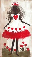Silhouette of princess in white and red dress decorated with hearts, wearing crown against floral background. Romantic fairy tale art style with roses at feet.