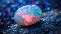 Luminous opal gemstone displaying vibrant play-of-color with blue, pink and green flashes against dark textured background with bokeh lights creating magical atmosphere.
