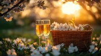 Romantic spring evening with champagne glasses and wicker basket among blooming white flowers at golden sunset, dreamy garden atmosphere.