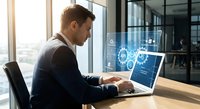 Professional businessman analyzing digital data and technology interfaces on laptop in modern office environment for business strategy development.