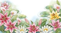 Watercolor lily flowers frame with pink and white blooms on soft background for wedding invitations, greeting cards and floral design projects.