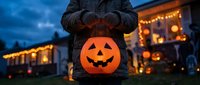 Child in winter jacket holding glowing jack-o-lantern pumpkin bucket for trick-or-treating on Halloween night with decorated house lights in background.