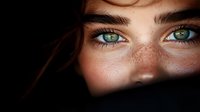 Close-up portrait focusing on intense green eyes and natural freckles of young caucasian woman partially hidden in dramatic shadows, creating mysterious mood.