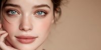 Young Caucasian woman with natural makeup and glowing skin touching face gently, beauty skincare concept for cosmetics advertising and wellness campaigns.