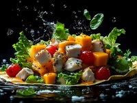 Fresh vegetable salad with water splash on dark background featuring colorful ingredients and dynamic motion for culinary advertising.