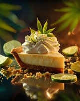 Slice of key lime pie with whipped cream topping garnished with cannabis leaf, surrounded by lime slices on dark reflective surface.