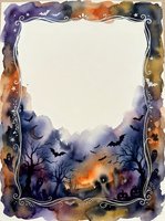Watercolor Halloween border frame with spooky bats, bare trees, cemetery silhouettes and ornate decorative elements on white background for seasonal designs.