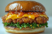 Juicy cheeseburger with melted cheddar cheese, fresh lettuce, and crispy fried patty on glossy brioche bun, extreme close up macro food photography.