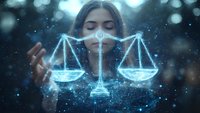 Young woman with closed eyes behind glowing blue scales of justice symbol, mystical bokeh lights and sparkles creating magical legal concept atmosphere.