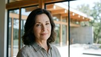 Middle-aged woman with dark wavy hair and fair complexion wearing gray linen shirt, standing indoors near large windows in modern home with natural lighting.