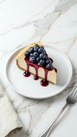 Slice of creamy cheesecake topped with fresh blueberries and berry sauce on white plate with fork on marble surface for dessert menu or bakery.