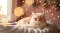Adorable fluffy cream-colored cat with pink glasses resting on cozy blanket in warm festive room with twinkling golden lights creating magical atmosphere.