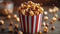 Fresh caramel popcorn overflowing from red and white striped container on wooden surface with scattered kernels and warm bokeh lights in background.