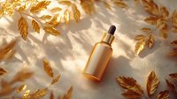 Golden serum dropper bottle with autumn leaves casting shadows on white textured background, luxury skincare product photography for beauty and cosmetic advertising.