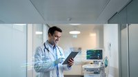Male doctor in white coat using digital tablet in modern hospital corridor with medical equipment and glass walls for healthcare technology applications.