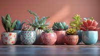 Collection of miniature succulent plants in decorative ceramic pots with floral and geometric patterns arranged on wooden surface against pink wall background.