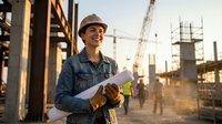 Young Asian female construction engineer in hard hat holding blueprints at building site during golden hour sunset with cranes and scaffolding in background.