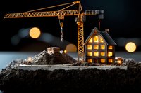 Construction crane lifting materials next to illuminated miniature house on soil mound, with bokeh lights creating atmospheric night scene.