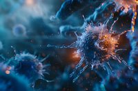 Microscopic view of virus cell in deep blue and orange colors with detailed spikes and particles floating in dark background, dramatic scientific visualization.