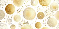 Luxurious golden circles and dots pattern on white background. Abstract geometric design with metallic concentric rings and scattered spots creates elegant seamless texture.