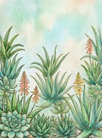 Watercolor aloe vera plants with blooming flowers on soft pastel background for botanical illustration and natural wellness design projects.
