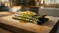 Fresh asparagus spears with lemon and parmesan on wooden cutting board in modern kitchen. Healthy cooking ingredient for gourmet recipes and spring meals.