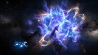 Spectacular cosmic nebula explosion with brilliant blue and purple gases expanding through deep space surrounded by stars and galactic dust clouds.
