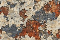 Weathered concrete wall with peeling paint showing layers of rust orange, charcoal gray and beige creating abstract textural pattern. Grunge urban backdrop.