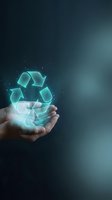 Hand holding glowing recycling symbol with digital particles on dark background. Concept for sustainability, environmental responsibility, and green technology solutions.
