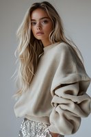 Young Caucasian woman with long blonde wavy hair wearing oversized beige sweater and silver sequin skirt poses against neutral background for fashion portrait.