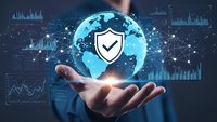 Businessman holding glowing digital globe with security shield icon surrounded by data analytics charts and network connections for cybersecurity solutions.