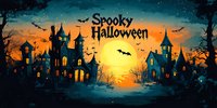 Dark haunted castle silhouettes against orange sunset sky with flying bats and spooky trees creating mysterious Halloween atmosphere for seasonal decoration.