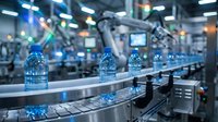 Plastic water bottles with blue caps on conveyor belt in modern beverage manufacturing facility with industrial equipment and overhead lighting.