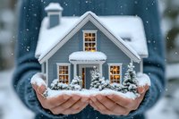 Magical winter scene with hands holding miniature gray house covered in snow, glowing windows, and decorated evergreen trees creating cozy holiday atmosphere.