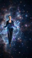 Professional businesswoman with holographic data charts and graphs in cosmic space background for technology and finance presentations.