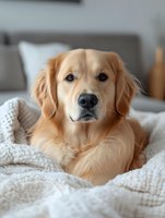 Golden retriever dog lying on cozy white blanket in modern bedroom interior. Adorable pet relaxing on bed with soft lighting for home decor concepts.