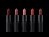 Lipstick collection featuring five shades in burgundy, mauve, nude, coral and brown tones with black tubes, isolated on transparent background. Ready for cosmetics marketing, beauty product design, print-on-demand and sublimation projects.