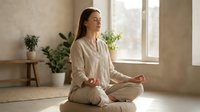 Young woman practicing mindfulness meditation in lotus pose at home with natural light and plants creating peaceful wellness atmosphere.