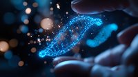 Glowing blue DNA helix structure with sparkles floating above hands in dark background, representing genetic research and biotechnology advancement in medicine.