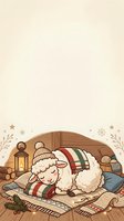 Cute sheep sleeping on striped blanket in cozy cabin interior with lantern, winter decorations and wooden elements for holiday greeting cards and seasonal designs.