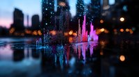 Vibrant audio waveform visualization with neon blue and purple colors reflecting on wet surface against blurred urban nighttime cityscape with bokeh lights background.