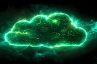 Glowing green cloud shape with digital circuit patterns and lightning effects on dark background, representing cloud computing and data storage technology.